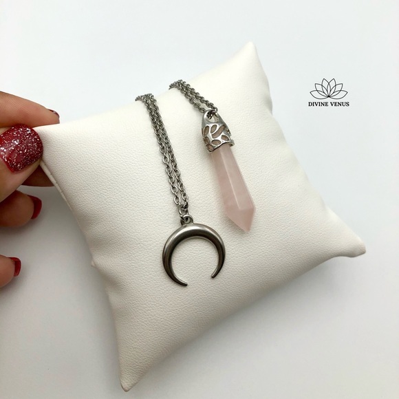 Rose Quartz Crescent Moon Layered Necklace - Picture 11 of 15